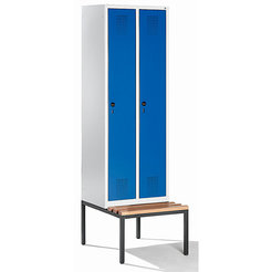 CP Garderobenschrank mit untergebauter Sitzbank - Abteilbreite 300 mm, HxBxT 2090 x 600 x 815 mm - lichtgrau / enzianblau