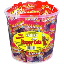 HARIBO Fruchtgummi, Happy Cola Minis, Klarsichtdose, 100 x 9,8 g (980 g)
