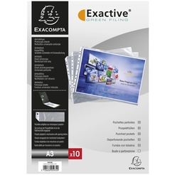 EXACOMPTA 5934E - 10er Packung perforierter Prospekthüllen mit abgeschrägten Ecken für Exactive®-Mappen, PP glatt 55, DIN A3 Querformat, Exactive®, Kristall