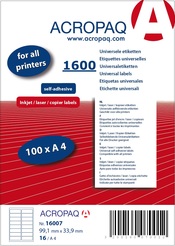 ACROPAQ LABELS - 100 A4 x16 = 1600 étiquettes blanches 99,1x33,9mm