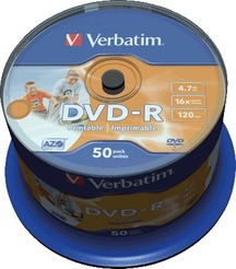 Verbatim DVD-R 50PK NO ID Rohling/43533 16x 4,7GB bedruckbar Inh. 50 Stk